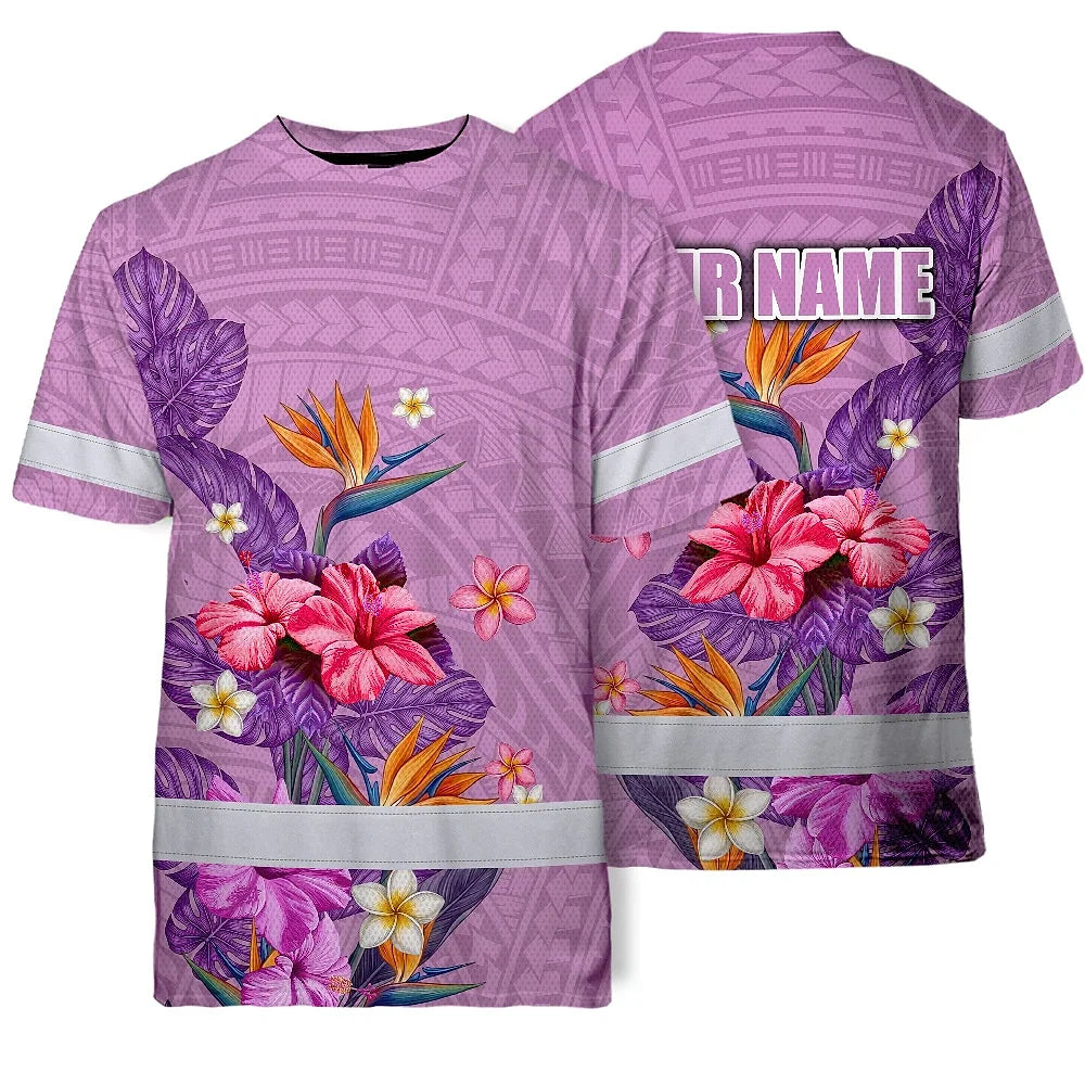 Hi Vis Shirt Reflective Tapes Violet Neon Polynesian And Flowers Custom Name Safety Workwear For Workers, Truckers, Operators