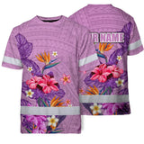 Hi Vis Shirt Reflective Tapes Violet Neon Polynesian And Flowers Custom Name Safety Workwear For Workers, Truckers, Operators