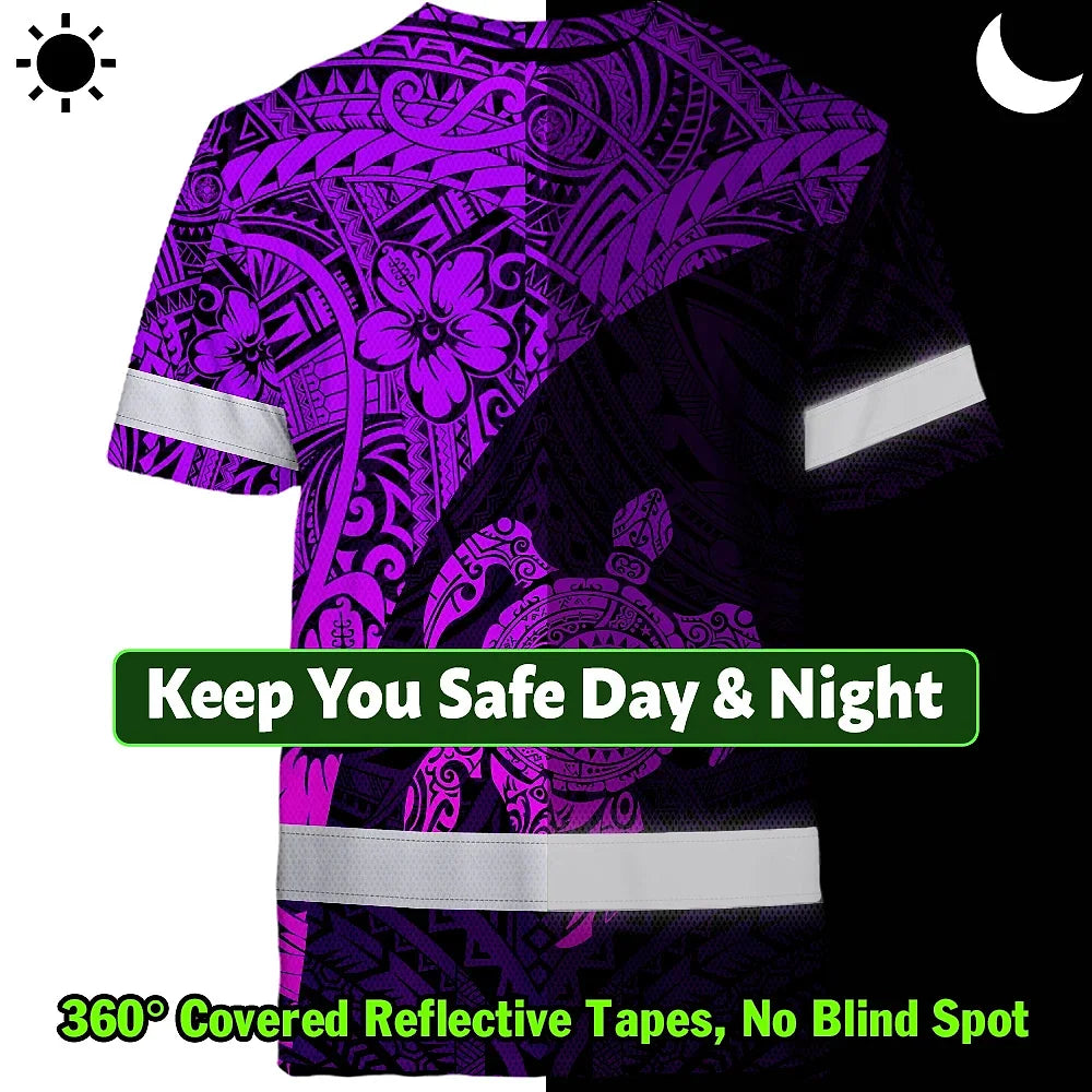 Hi Vis Shirt Reflective Tapes Violet Neon Turtle Hawaiian Polynesian Tribal