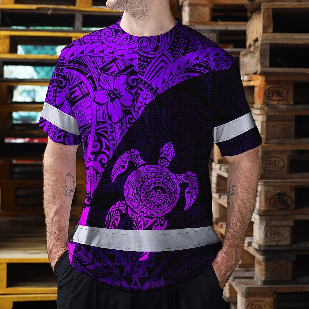Hi Vis Shirt Reflective Tapes Violet Neon Turtle Hawaiian Polynesian Tribal