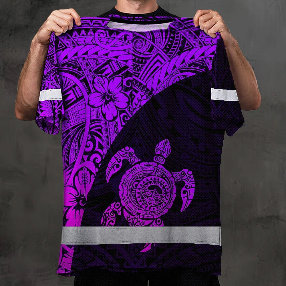 Hi Vis Shirt Reflective Tapes Violet Neon Turtle Hawaiian Polynesian Tribal