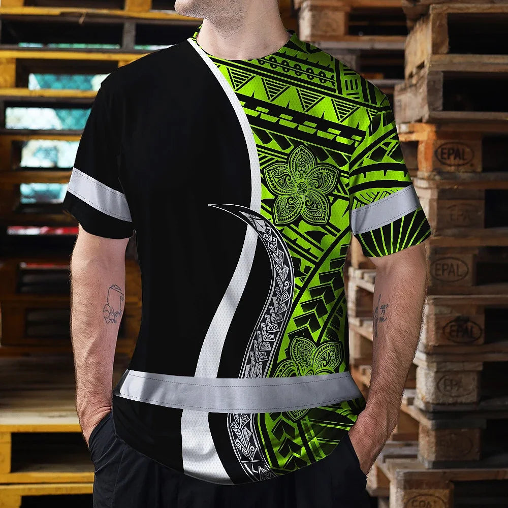 Hi Vis Shirt Reflective Tapes White Green Polynesian Tribal Custom Name Safety Workwear For Workers, Truckers, Operators