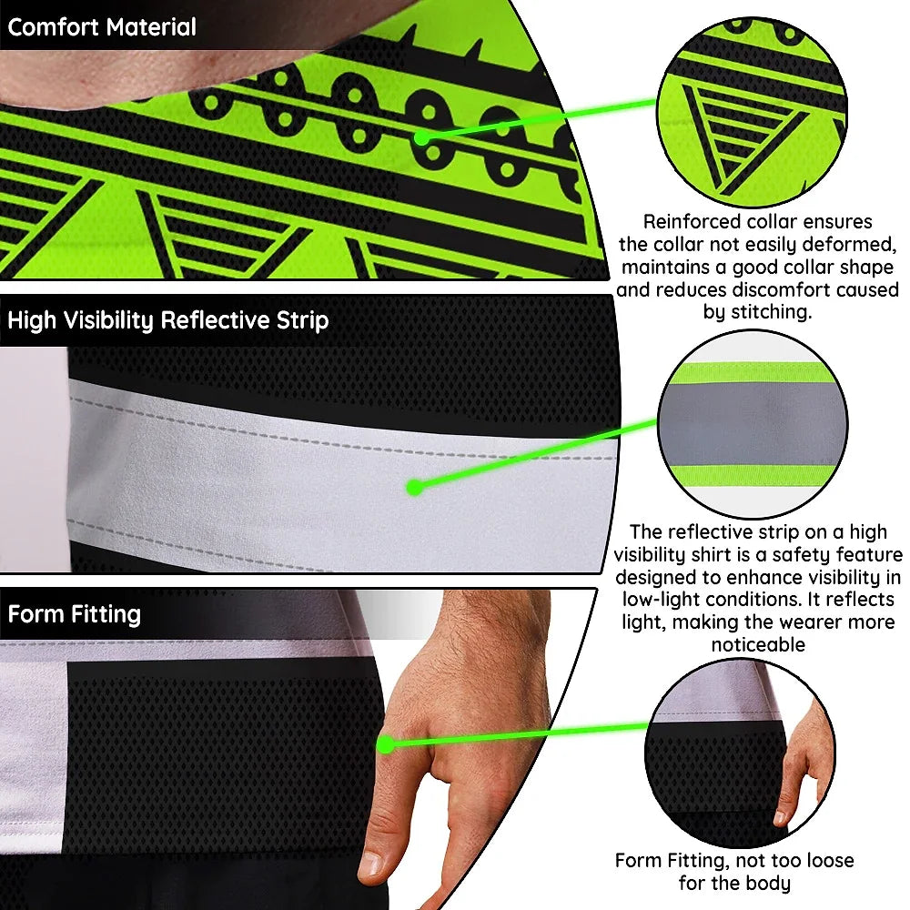 Hi Vis Shirt Reflective Tapes White Green Polynesian Tribal Custom Name Safety Workwear For Workers, Truckers, Operators