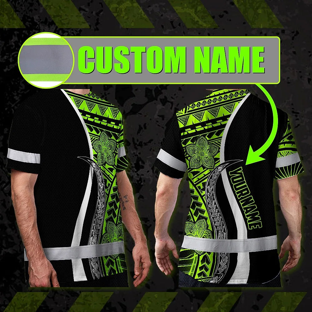 Hi Vis Shirt Reflective Tapes White Green Polynesian Tribal Custom Name Safety Workwear For Workers, Truckers, Operators