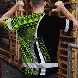Hi Vis Shirt Reflective Tapes White Green Polynesian Tribal Custom Name Safety Workwear For Workers, Truckers, Operators