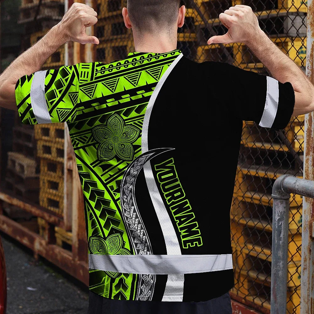 Hi Vis Shirt Reflective Tapes White Green Polynesian Tribal Custom Name Safety Workwear For Workers, Truckers, Operators