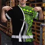 Hi Vis Shirt Reflective Tapes White Green Polynesian Tribal Custom Name Safety Workwear For Workers, Truckers, Operators