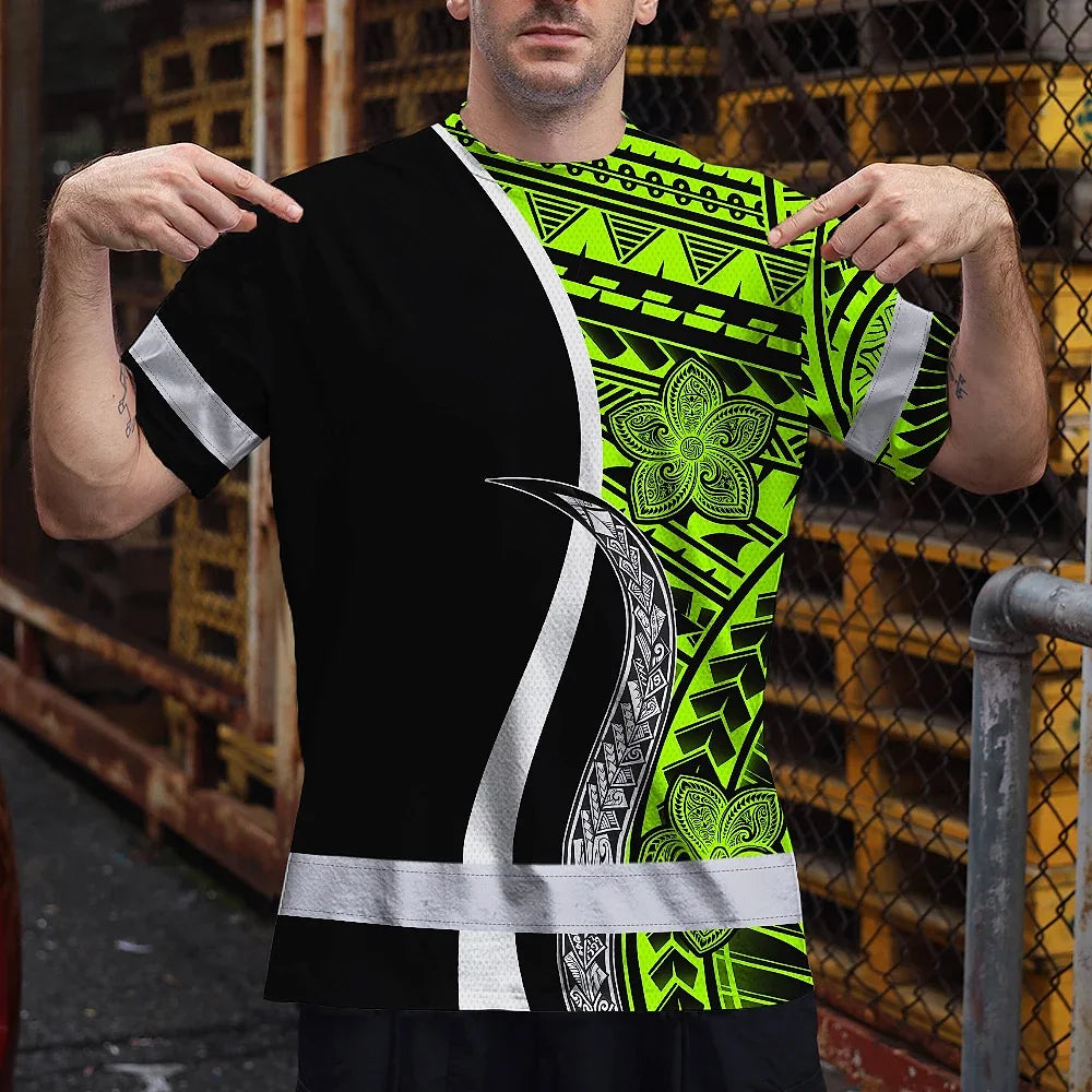 Hi Vis Shirt Reflective Tapes White Green Polynesian Tribal Custom Name Safety Workwear For Workers, Truckers, Operators