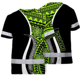 Hi Vis Shirt Reflective Tapes White Green Polynesian Tribal Custom Name Safety Workwear For Workers, Truckers, Operators