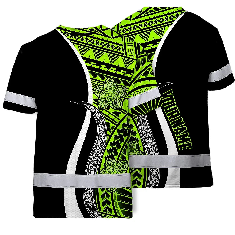 Hi Vis Shirt Reflective Tapes White Green Polynesian Tribal Custom Name Safety Workwear For Workers, Truckers, Operators