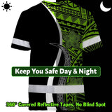 Hi Vis Shirt Reflective Tapes White Green Polynesian Tribal Custom Name Safety Workwear For Workers, Truckers, Operators