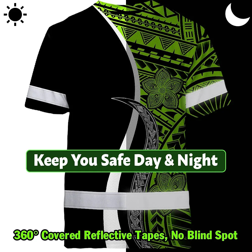 Hi Vis Shirt Reflective Tapes White Green Polynesian Tribal Custom Name Safety Workwear For Workers, Truckers, Operators