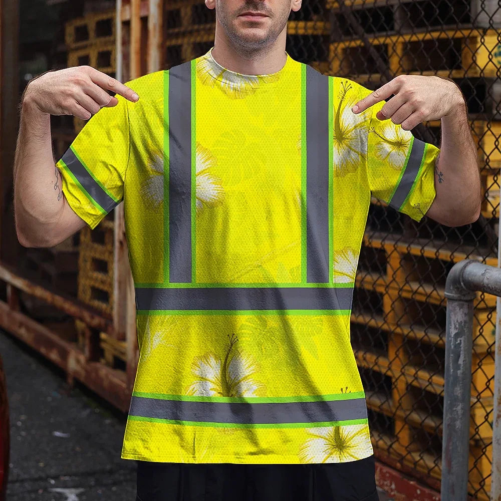 Hi Vis Shirt Reflective Tapes Yellow Neon Custom Name Safety Workwear For Workers, Truckers, Operators