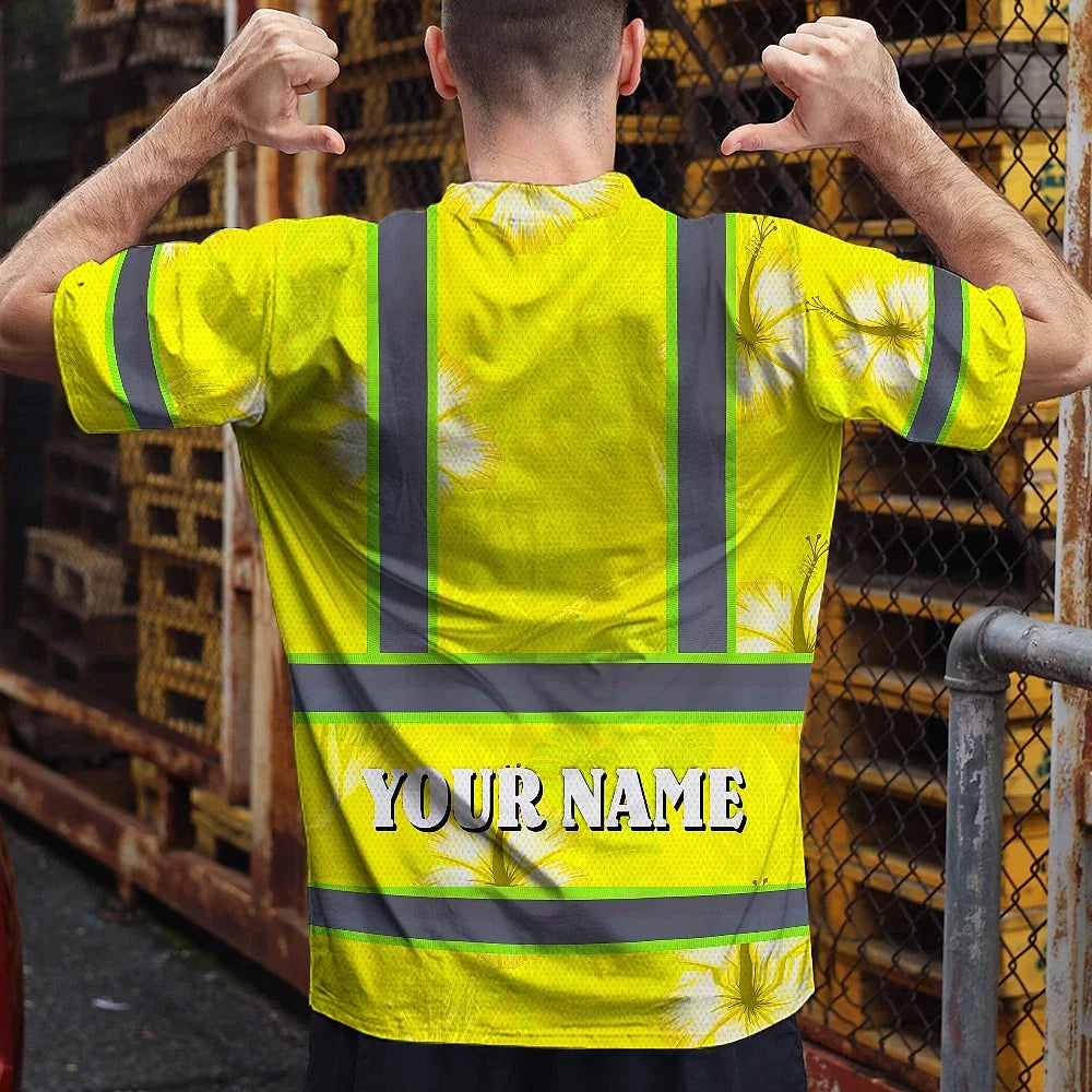 Hi Vis Shirt Reflective Tapes Yellow Neon Custom Name Safety Workwear For Workers, Truckers, Operators