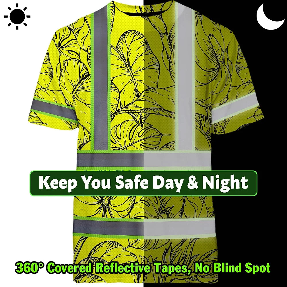 Hi Vis Shirt Reflective Tapes Yellow Neon Flowers Custom Name Safety Workwear For Workers, Truckers, Operators