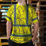 Hi Vis Shirt Reflective Tapes Yellow Neon Flowers Custom Name Safety Workwear For Workers, Truckers, Operators