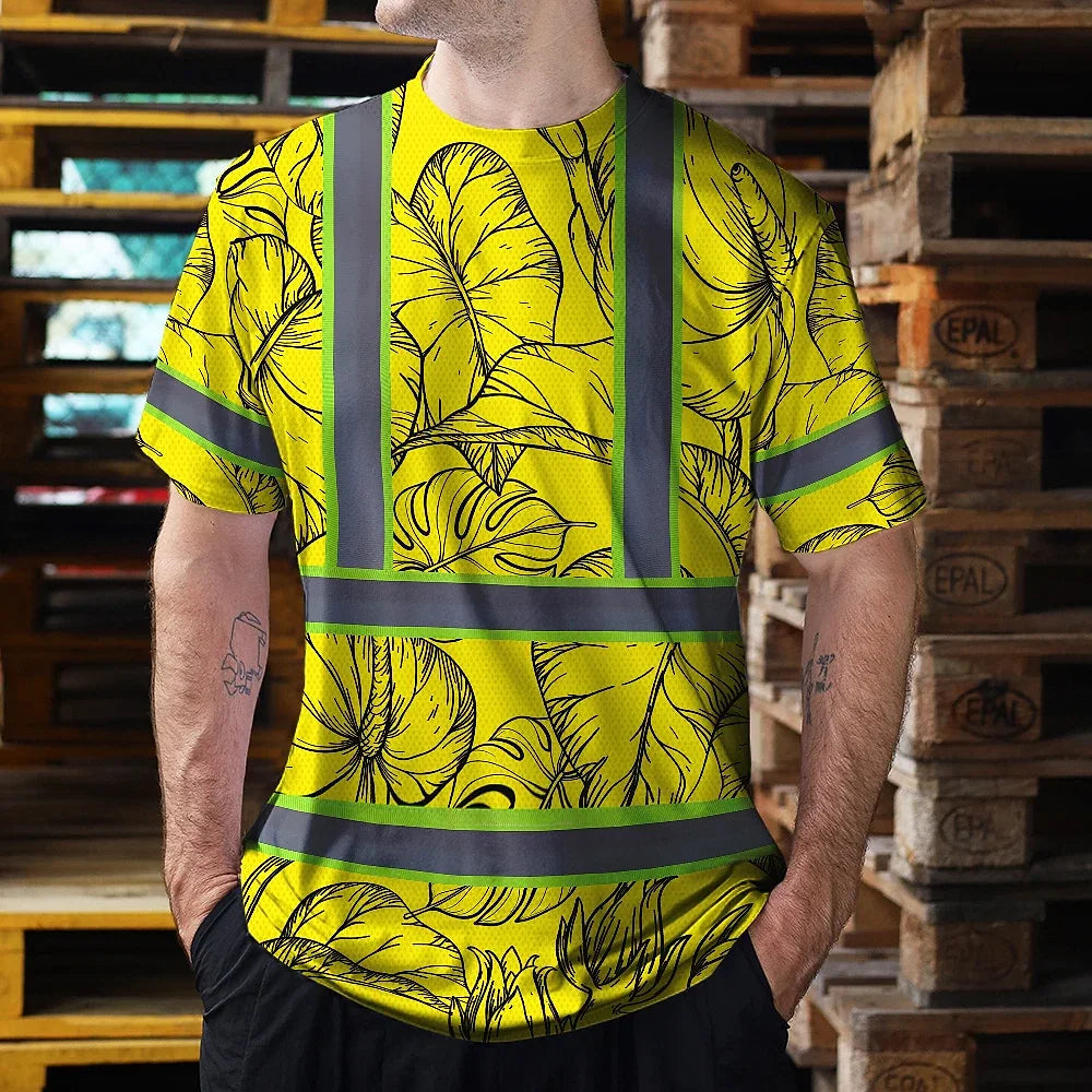 Hi Vis Shirt Reflective Tapes Yellow Neon Flowers Custom Name Safety Workwear For Workers, Truckers, Operators