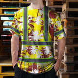 Hi Vis Shirt Reflective Tapes Yellow Neon Flowers Custom Name Safety Workwear For Workers, Truckers, Operators