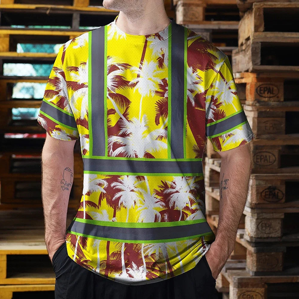 Hi Vis Shirt Reflective Tapes Yellow Neon Flowers Custom Name Safety Workwear For Workers, Truckers, Operators