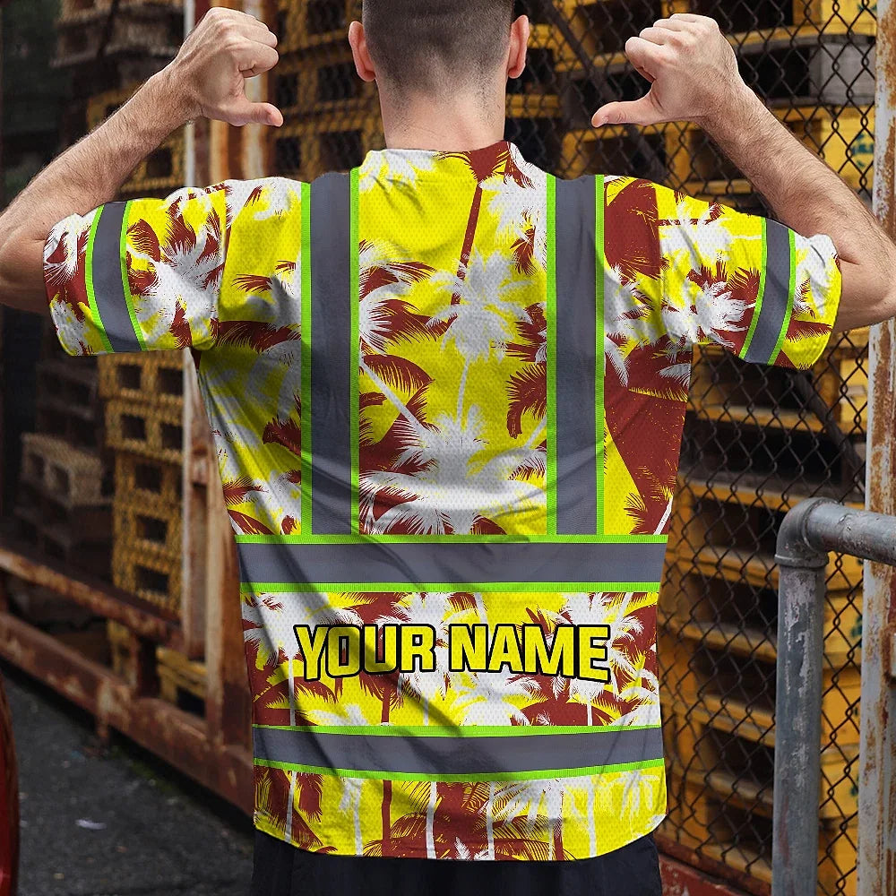 Hi Vis Shirt Reflective Tapes Yellow Neon Flowers Custom Name Safety Workwear For Workers, Truckers, Operators