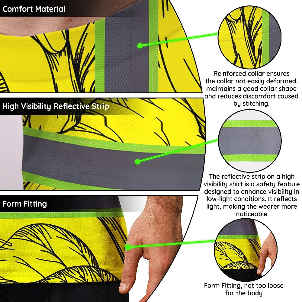 Hi Vis Shirt Reflective Tapes Yellow Neon Flowers Custom Name Safety Workwear For Workers, Truckers, Operators