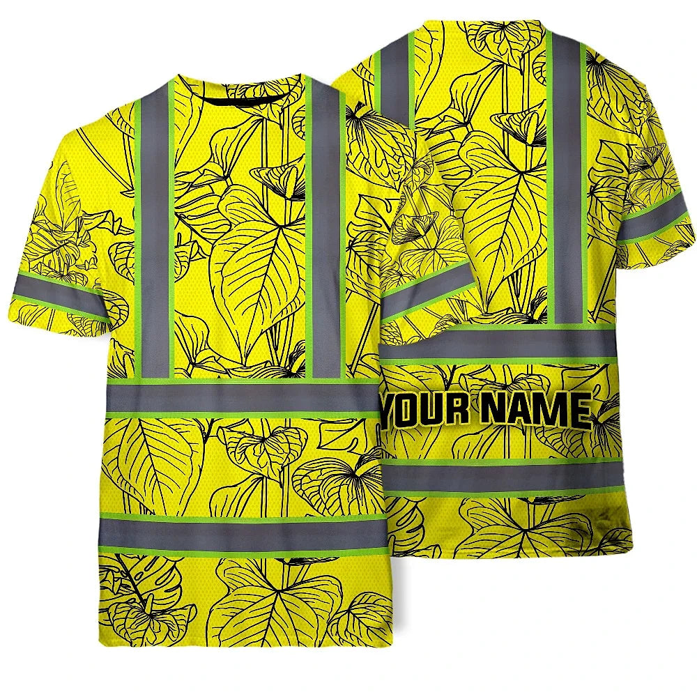 Hi Vis Shirt Reflective Tapes Yellow Neon Flowers Custom Name Safety Workwear For Workers, Truckers, Operators