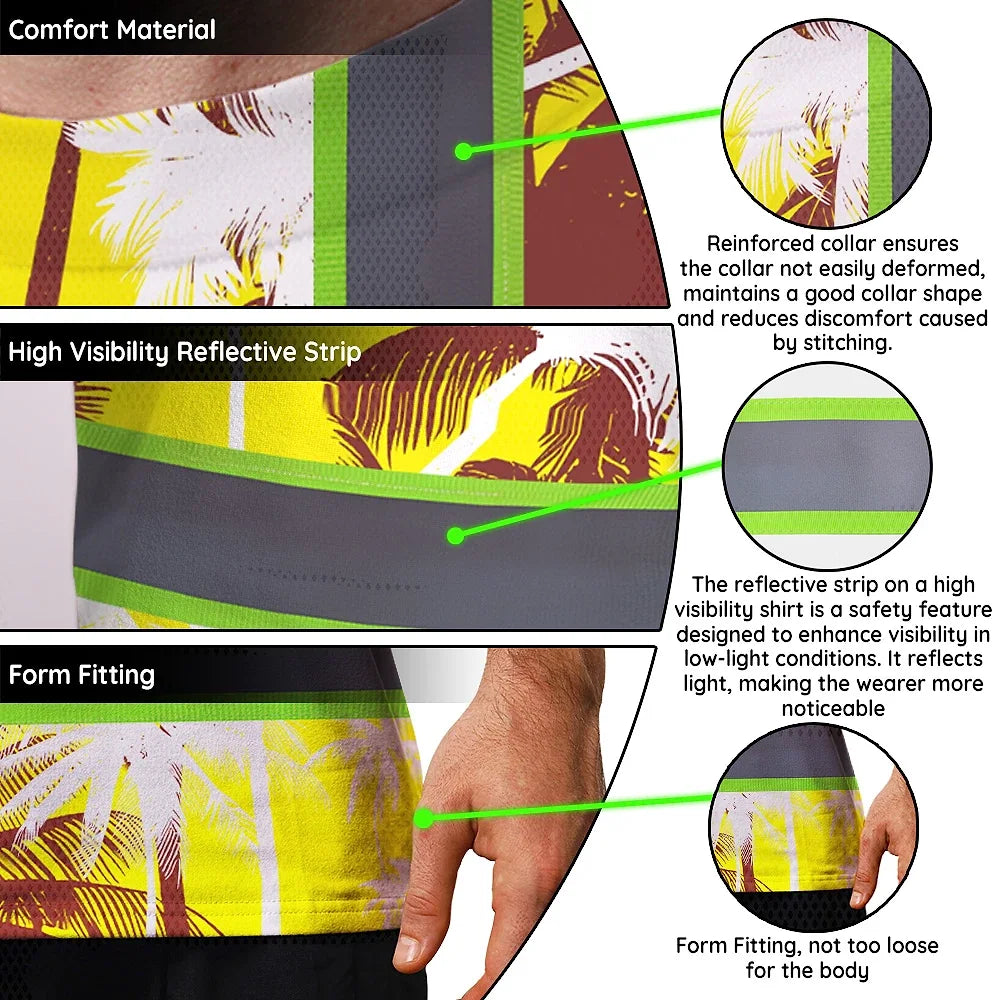Hi Vis Shirt Reflective Tapes Yellow Neon Flowers Custom Name Safety Workwear For Workers, Truckers, Operators
