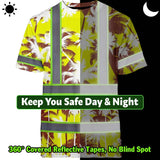 Hi Vis Shirt Reflective Tapes Yellow Neon Flowers Custom Name Safety Workwear For Workers, Truckers, Operators