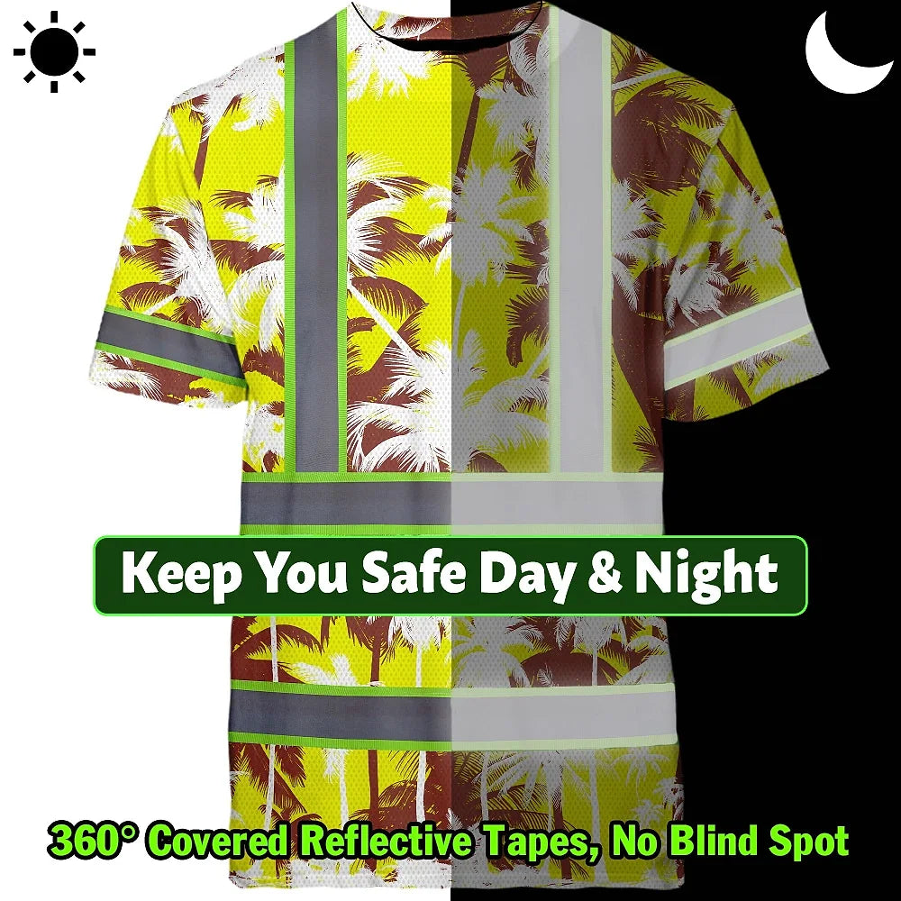 Hi Vis Shirt Reflective Tapes Yellow Neon Flowers Custom Name Safety Workwear For Workers, Truckers, Operators