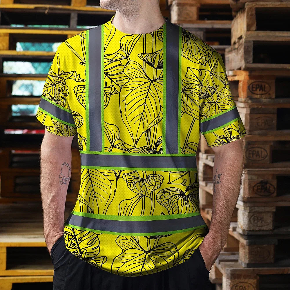 Hi Vis Shirt Reflective Tapes Yellow Neon Flowers Custom Name Safety Workwear For Workers, Truckers, Operators