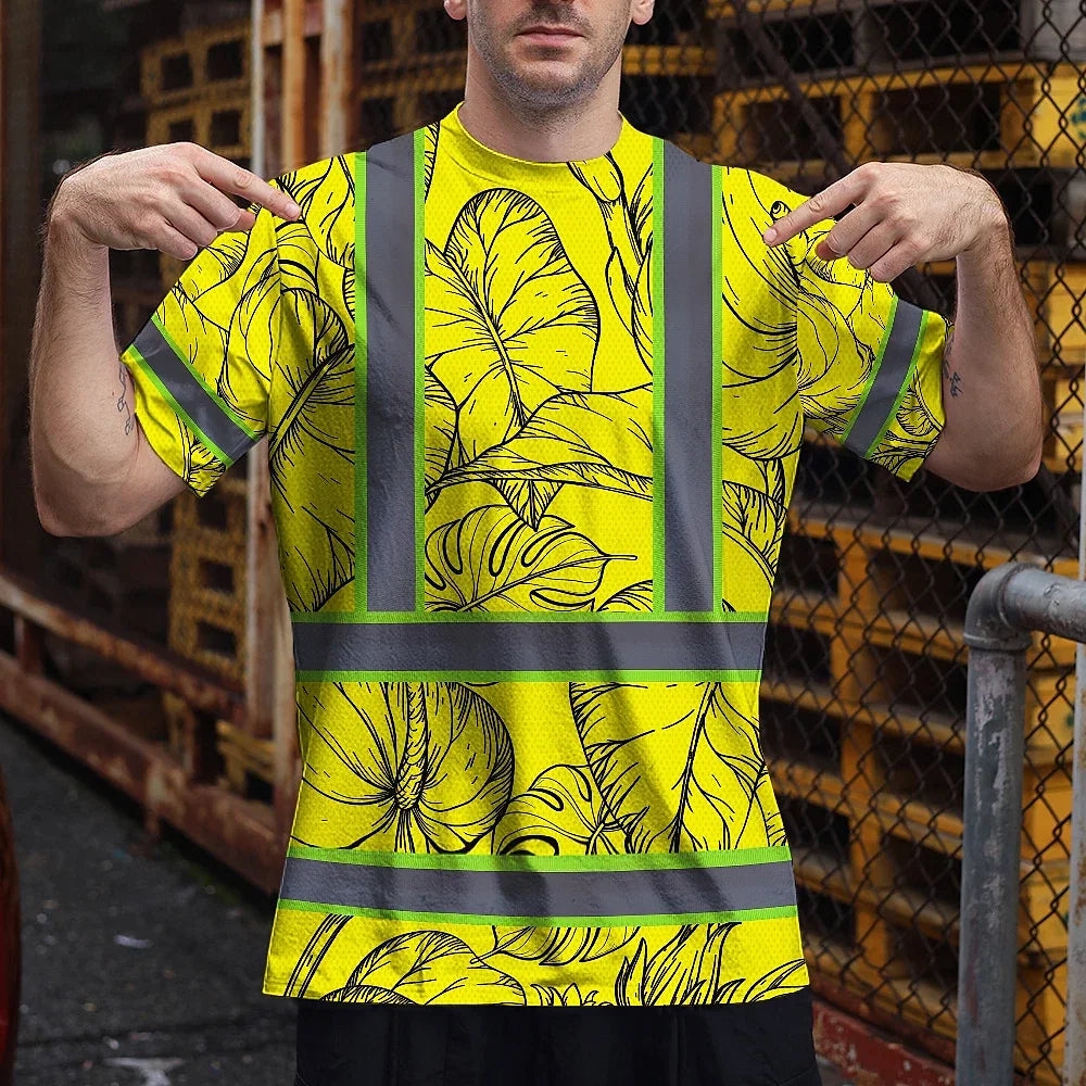 Hi Vis Shirt Reflective Tapes Yellow Neon Flowers Custom Name Safety Workwear For Workers, Truckers, Operators
