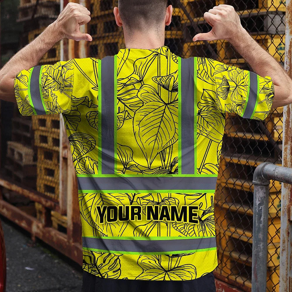 Hi Vis Shirt Reflective Tapes Yellow Neon Flowers Custom Name Safety Workwear For Workers, Truckers, Operators