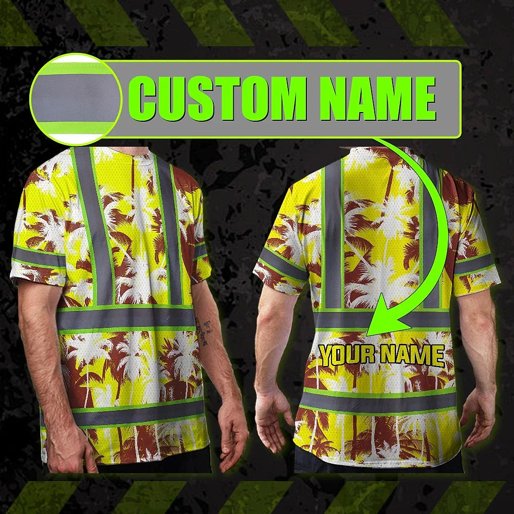 Hi Vis Shirt Reflective Tapes Yellow Neon Flowers Custom Name Safety Workwear For Workers, Truckers, Operators