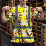Hi Vis Shirt Reflective Tapes Yellow Neon Flowers Custom Name Safety Workwear For Workers, Truckers, Operators