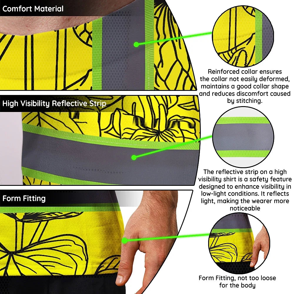 Hi Vis Shirt Reflective Tapes Yellow Neon Flowers Custom Name Safety Workwear For Workers, Truckers, Operators