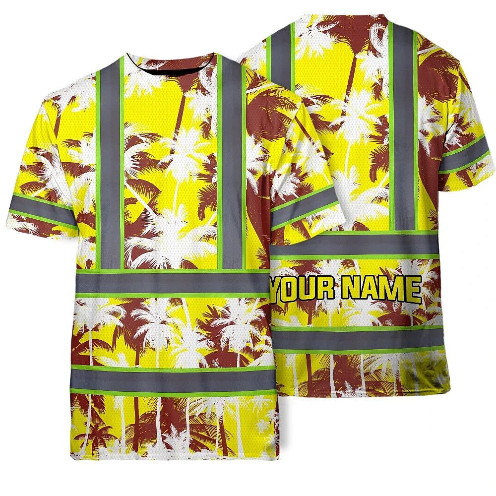 Hi Vis Shirt Reflective Tapes Yellow Neon Flowers Custom Name Safety Workwear For Workers, Truckers, Operators