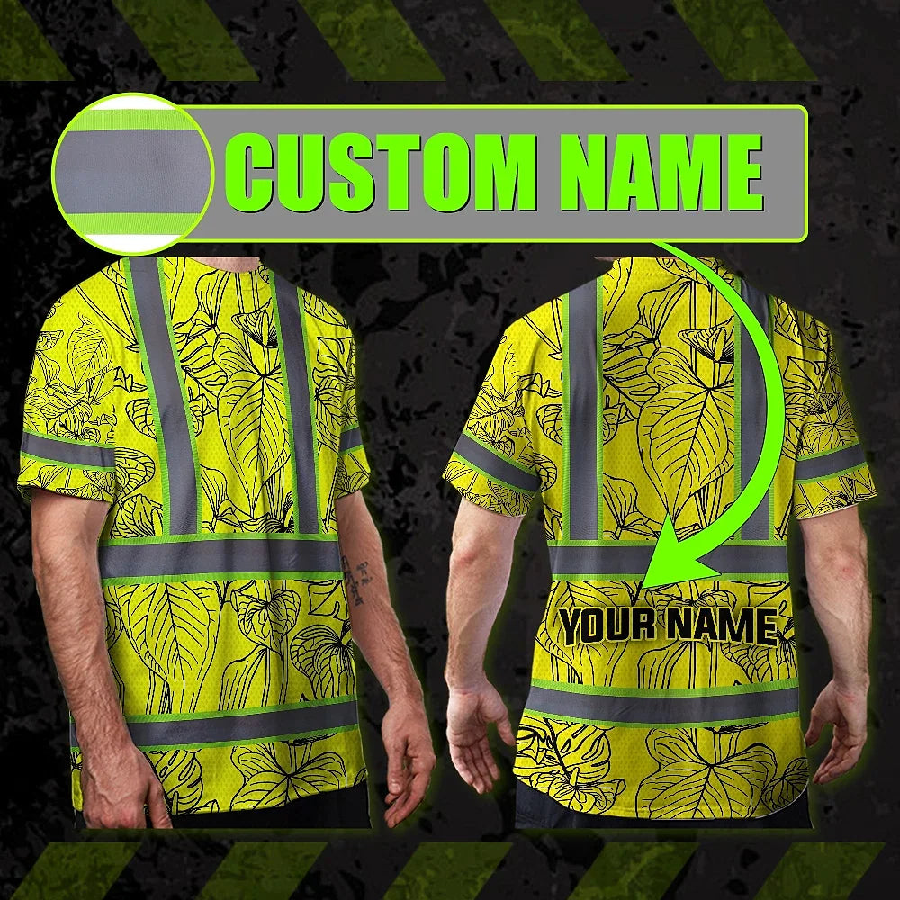 Hi Vis Shirt Reflective Tapes Yellow Neon Flowers Custom Name Safety Workwear For Workers, Truckers, Operators