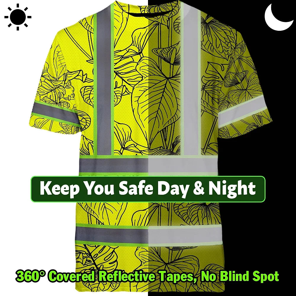 Hi Vis Shirt Reflective Tapes Yellow Neon Flowers Custom Name Safety Workwear For Workers, Truckers, Operators