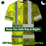 Hi Vis Shirt Reflective Tapes Yellow Neon Flowers Custom Name Safety Workwear For Workers, Truckers, Operators