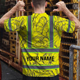 Hi Vis Shirt Reflective Tapes Yellow Neon Flowers Custom Name Safety Workwear For Workers, Truckers, Operators