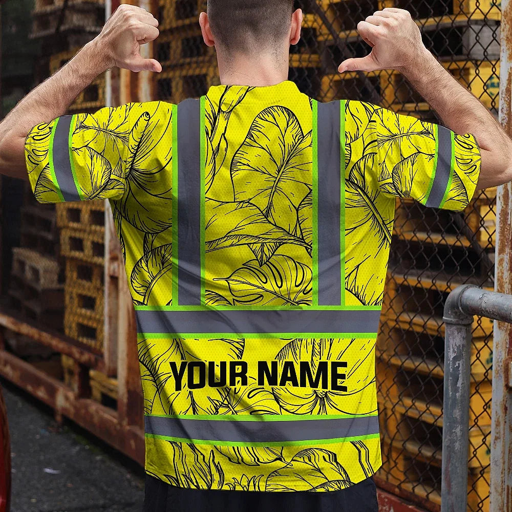 Hi Vis Shirt Reflective Tapes Yellow Neon Flowers Custom Name Safety Workwear For Workers, Truckers, Operators