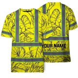 Hi Vis Shirt Reflective Tapes Yellow Neon Flowers Custom Name Safety Workwear For Workers, Truckers, Operators
