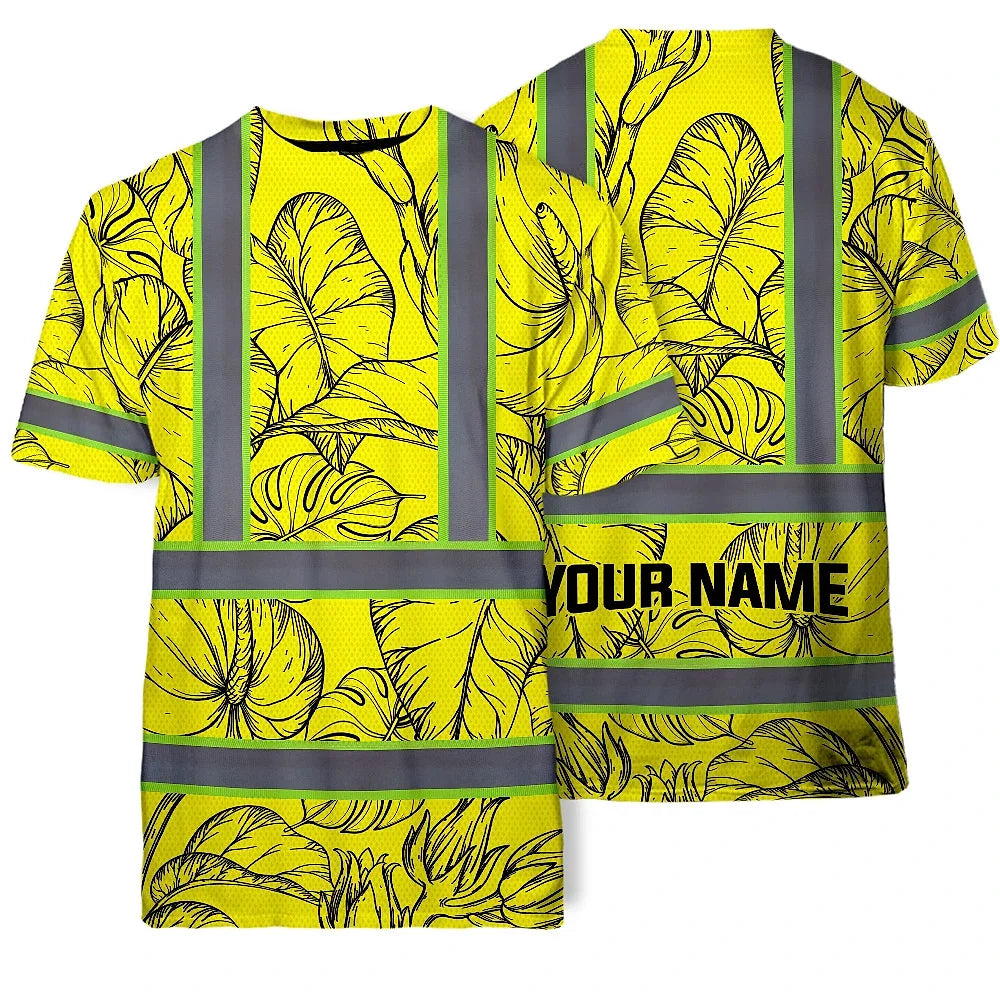 Hi Vis Shirt Reflective Tapes Yellow Neon Flowers Custom Name Safety Workwear For Workers, Truckers, Operators