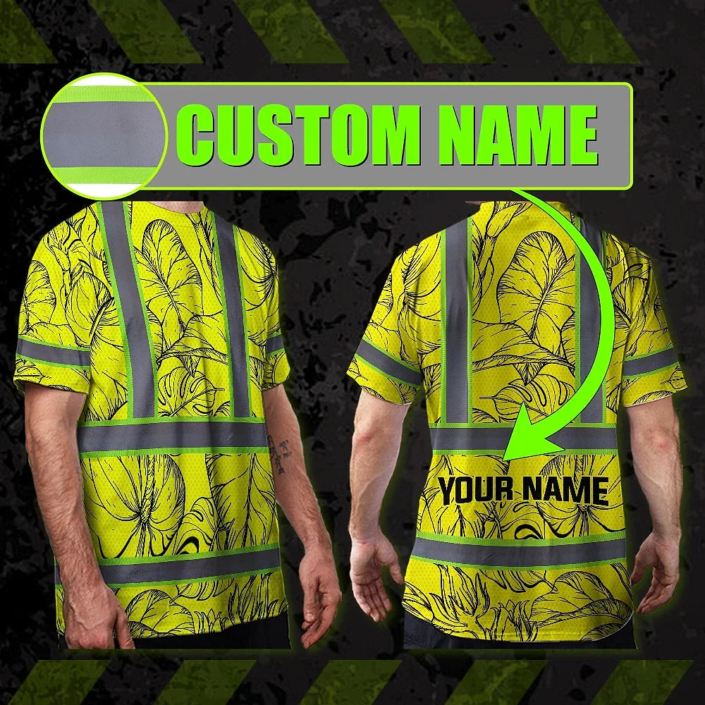 Hi Vis Shirt Reflective Tapes Yellow Neon Flowers Custom Name Safety Workwear For Workers, Truckers, Operators