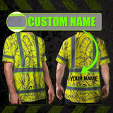 Hi Vis Shirt Reflective Tapes Yellow Neon Flowers Custom Name Safety Workwear For Workers, Truckers, Operators