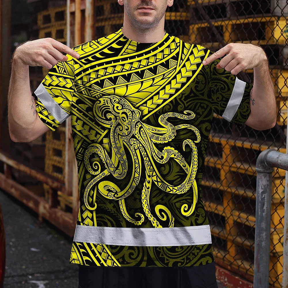 Hi Vis Shirt Reflective Tapes Yellow Neon Hawaii Octopus Custom