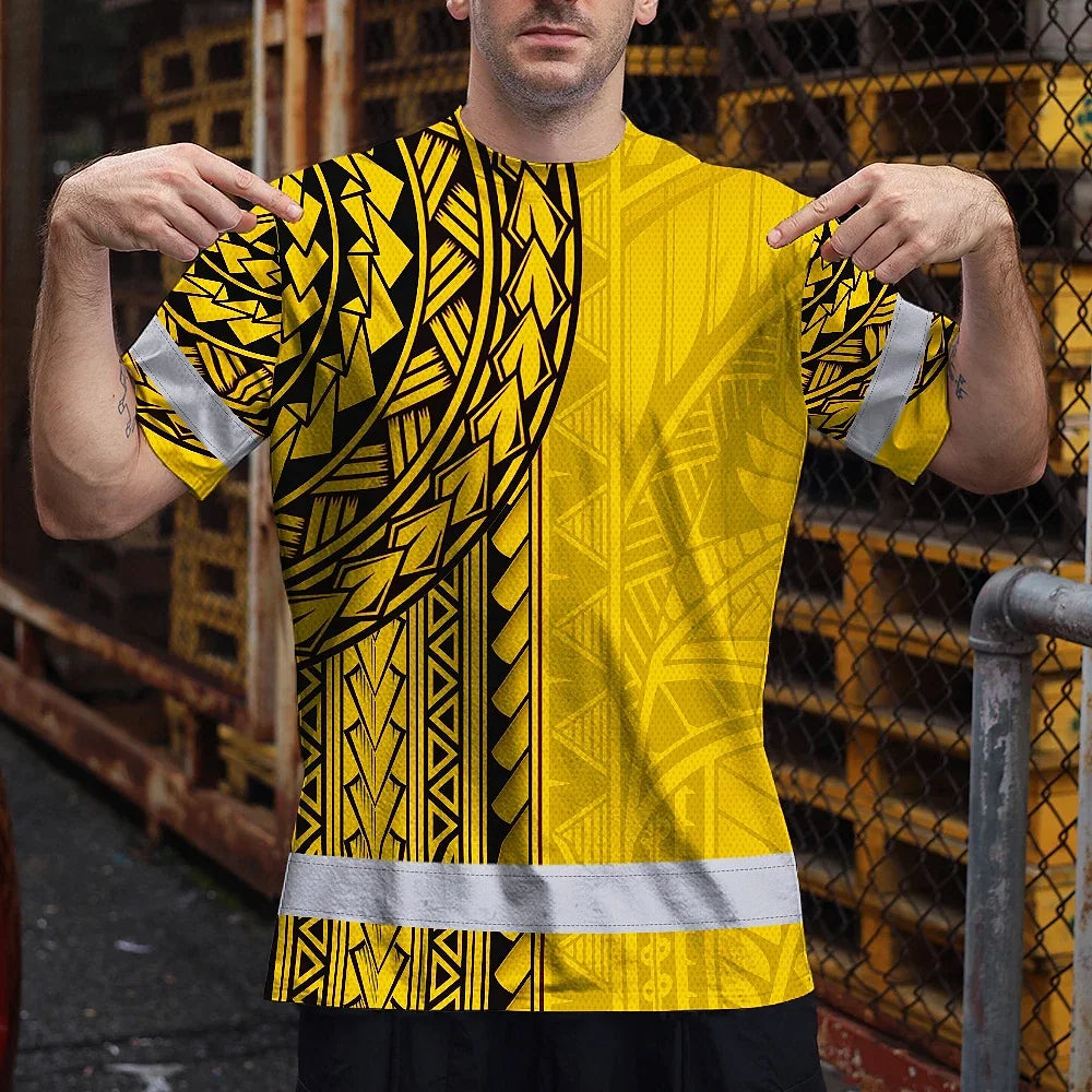 Hi Vis Shirt Reflective Tapes Yellow Polynesian Custom Name Safety Workwear For Workers, Truckers, Operators