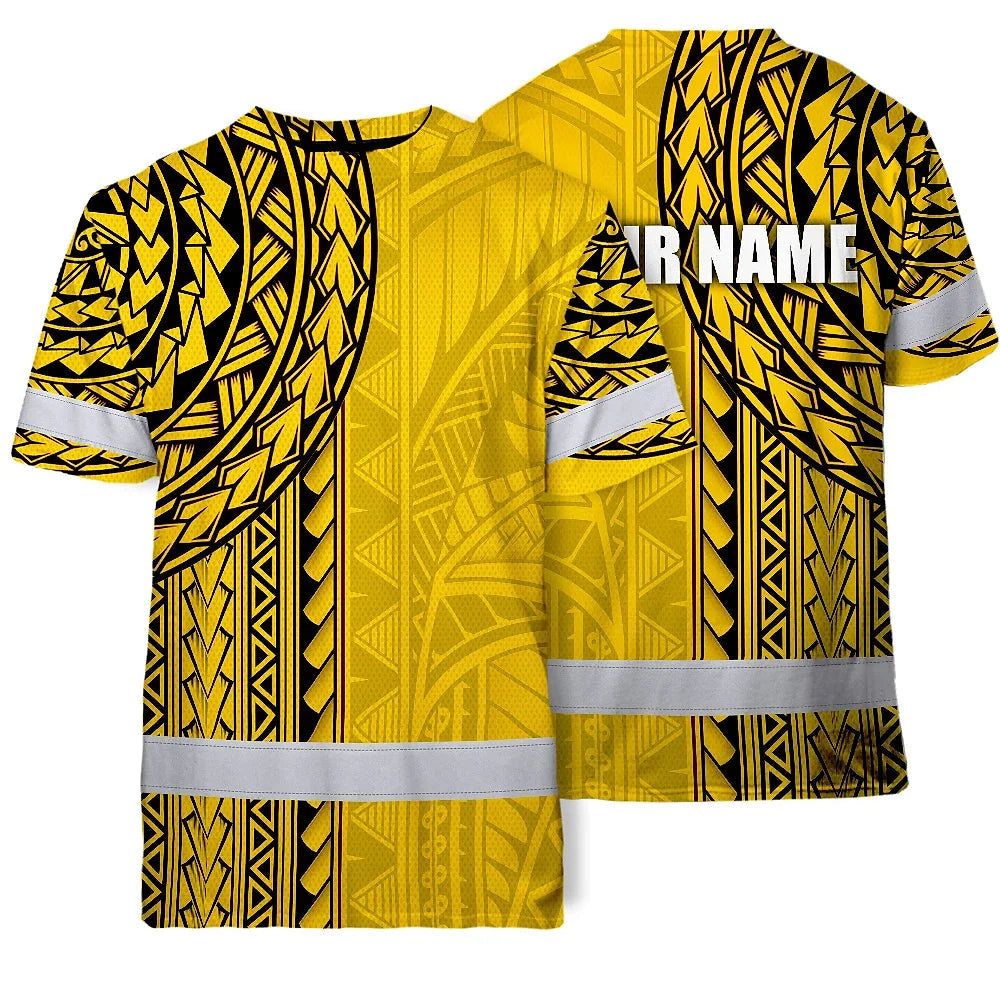 Hi Vis Shirt Reflective Tapes Yellow Polynesian Custom Name Safety Workwear For Workers, Truckers, Operators