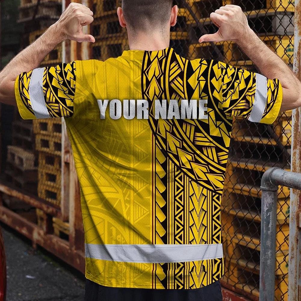 Hi Vis Shirt Reflective Tapes Yellow Polynesian Custom Name Safety Workwear For Workers, Truckers, Operators