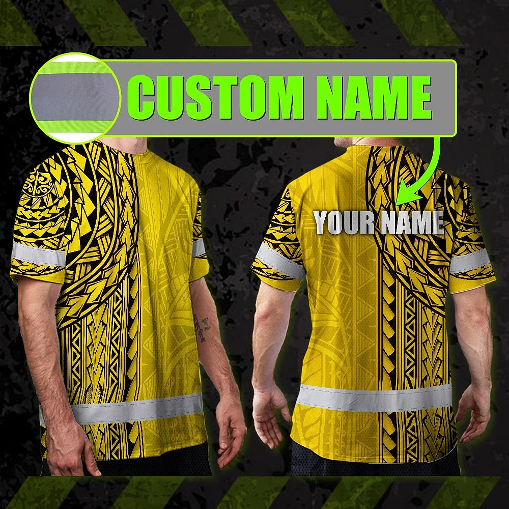 Hi Vis Shirt Reflective Tapes Yellow Polynesian Custom Name Safety Workwear For Workers, Truckers, Operators